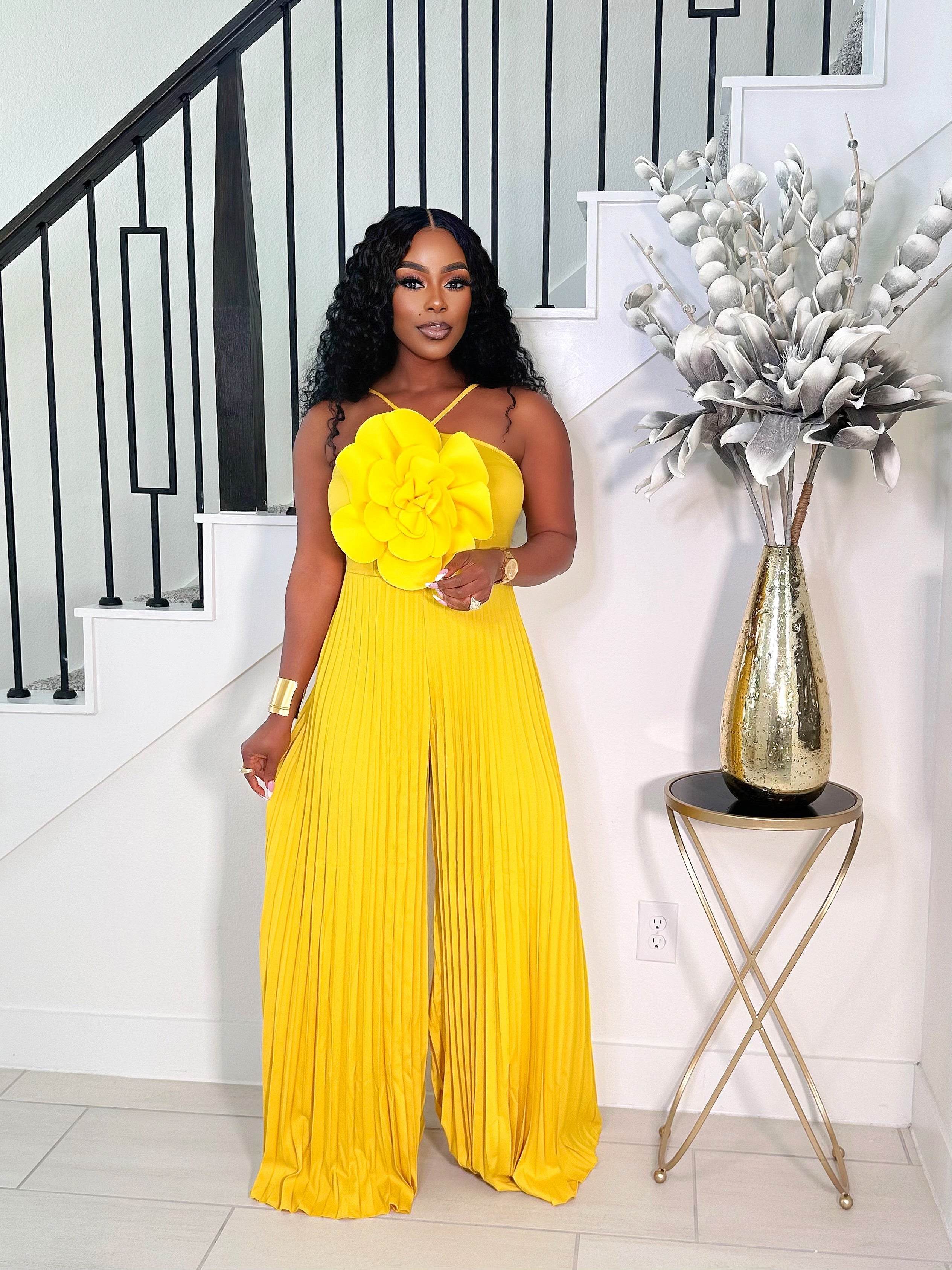 FEELS GOOD 3D FLOWER PLEATED JUMPSUIT (YELLOW)