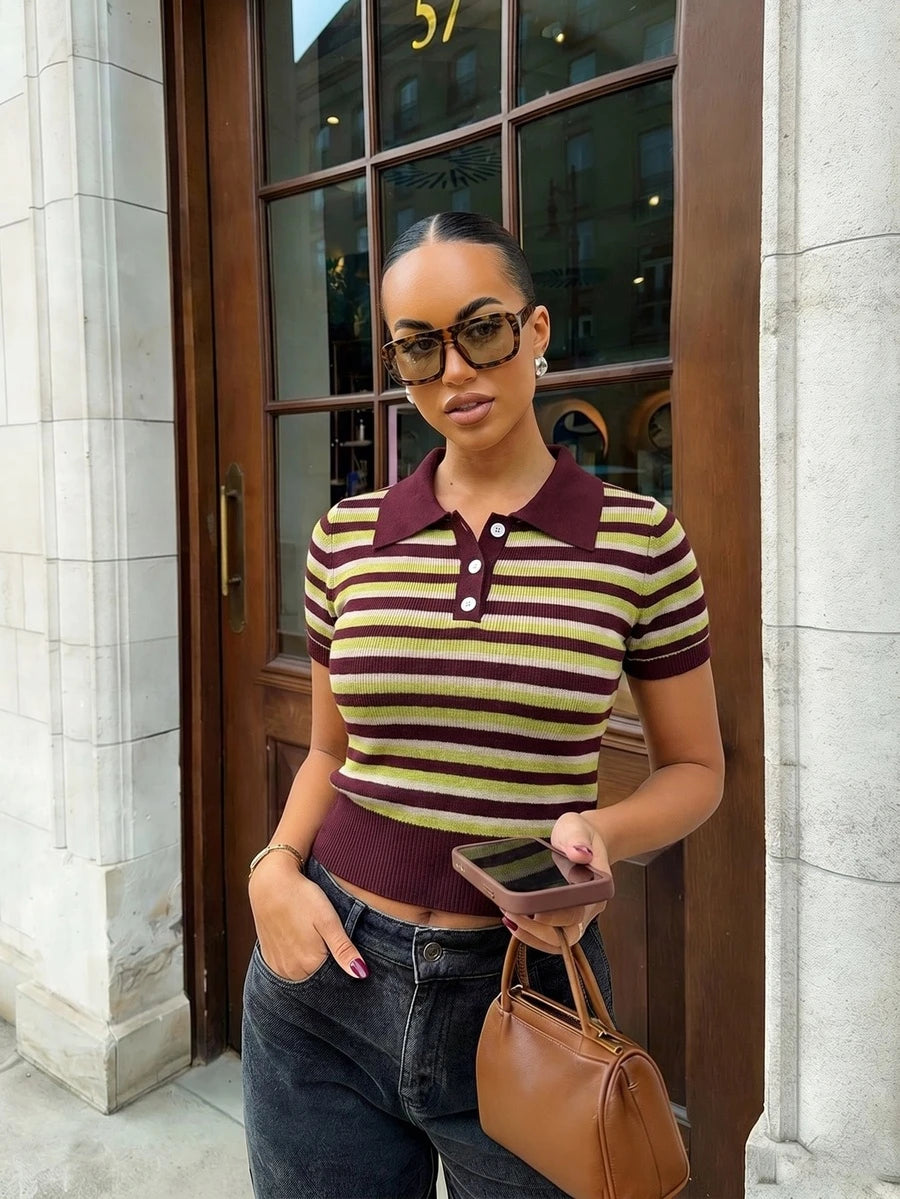 Spring/Summer Y2K Coffee & White Colorblock Polo Collar Short Sleeve Knit Top, Ribbed Vintage Soft Casual, Suitable For Daily And Party Wear