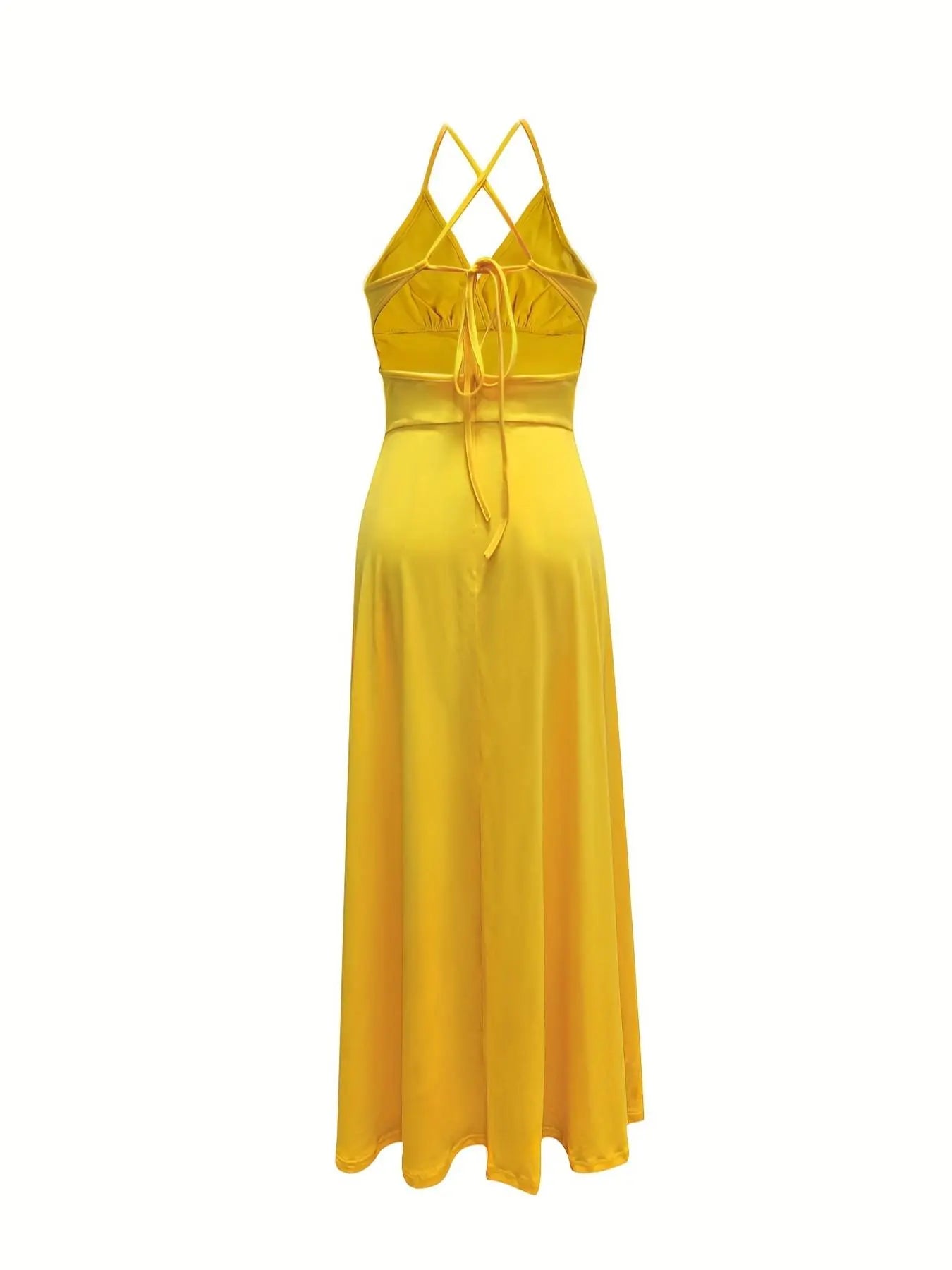 Women's Plain Fitted Criss Cross Backless Split Thigh Spaghetti Strap Cami Dress