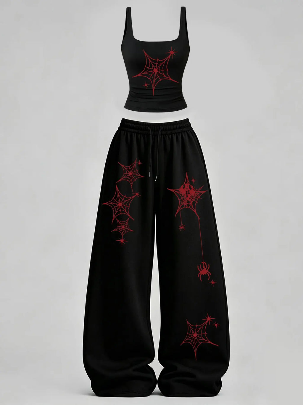 Women's Casual Tank Top Set, Slim-Fit U-Neck Vest and Loose Long Pants, Spider & Spider Web Print, Y2K Street Style