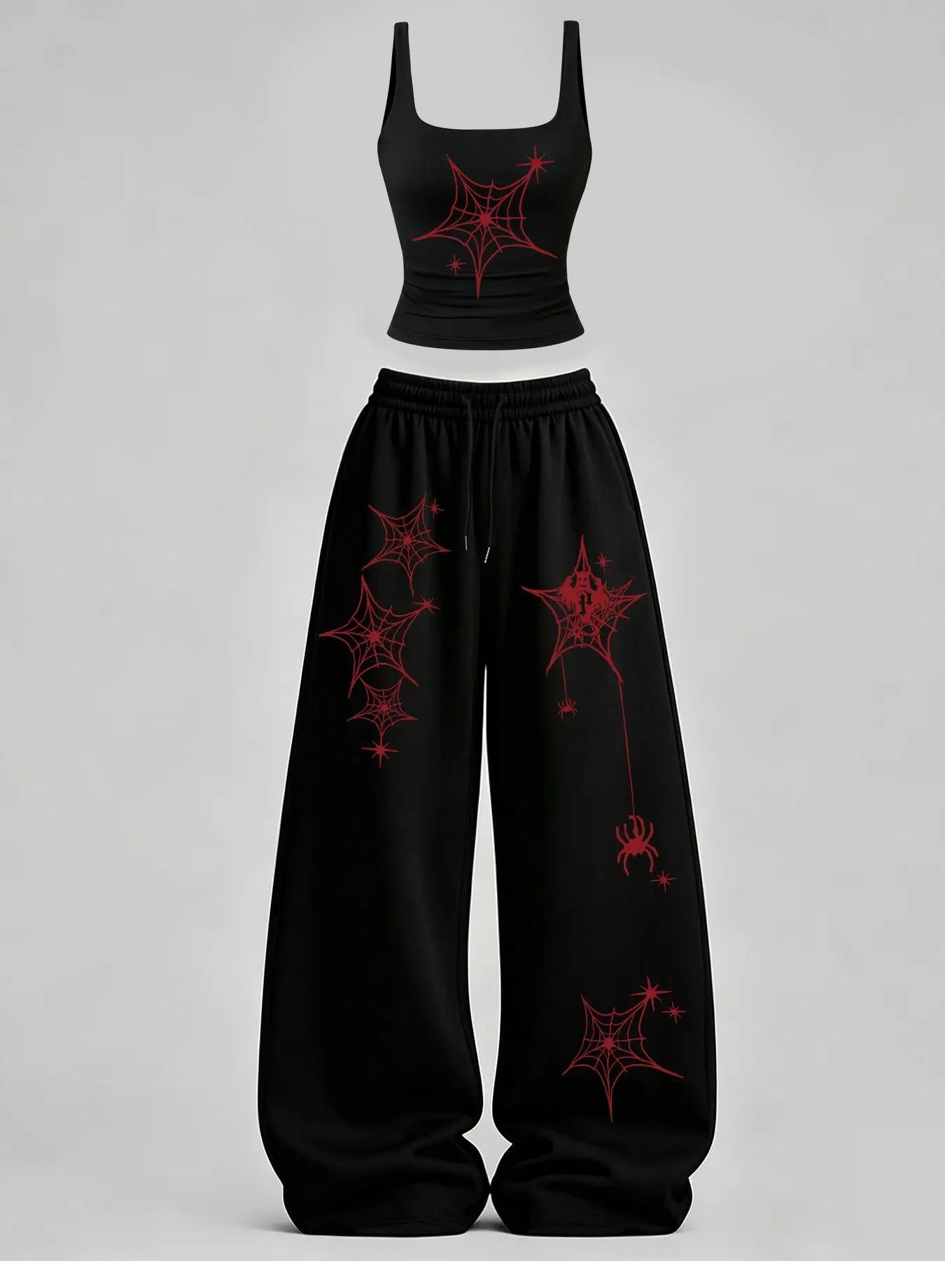 Women's Casual Tank Top Set, Slim-Fit U-Neck Vest and Loose Long Pants, Spider & Spider Web Print, Y2K Street Style