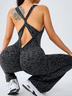 Women's Leopard Print Yoga Jumpsuit - Cross Strap, Slim Fit