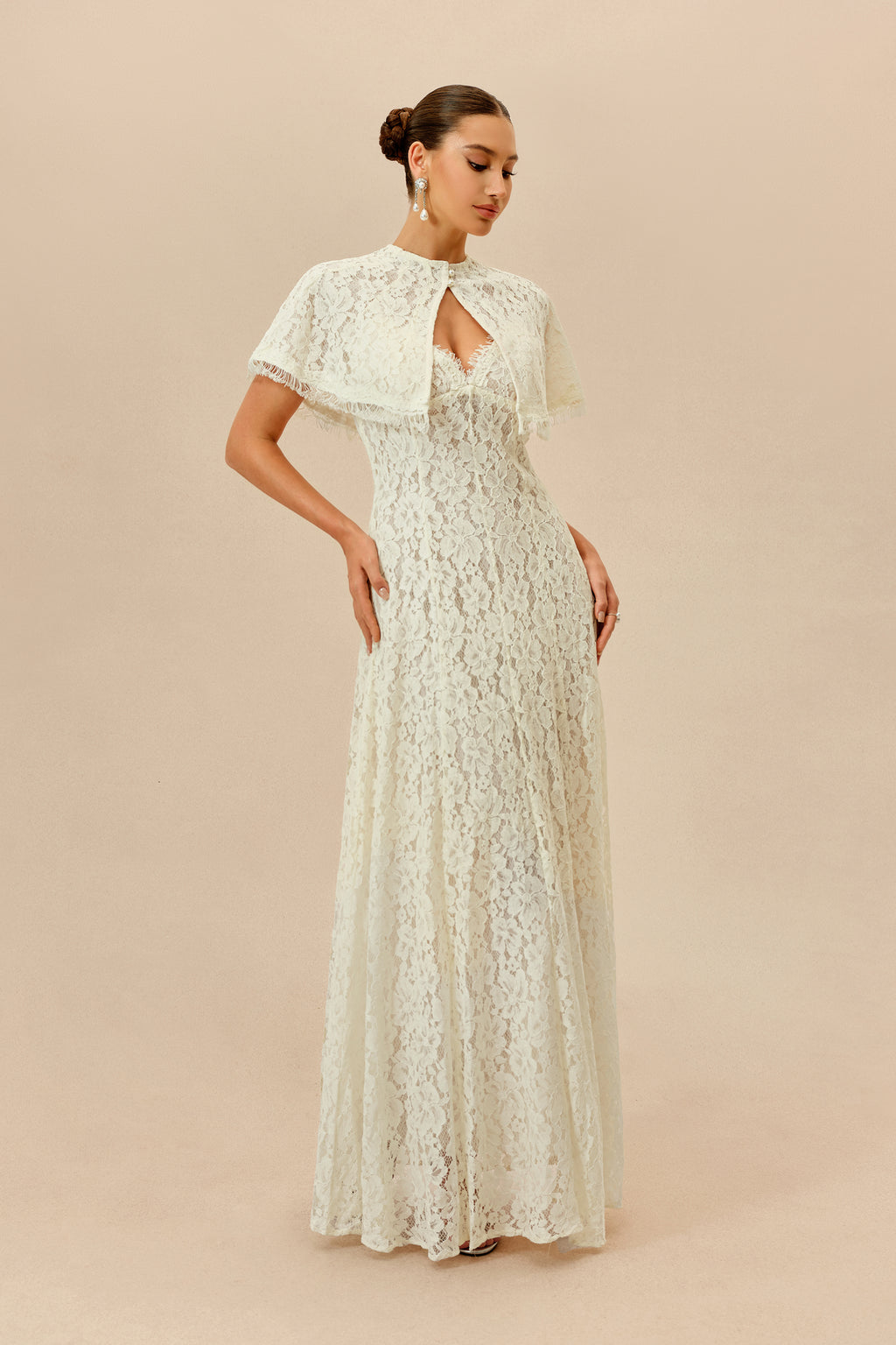 Make An Entrance White Floral Lace Maxi Dress With Cape