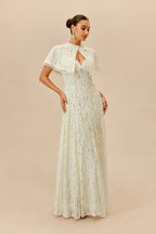 Make An Entrance White Floral Lace Maxi Dress With Cape