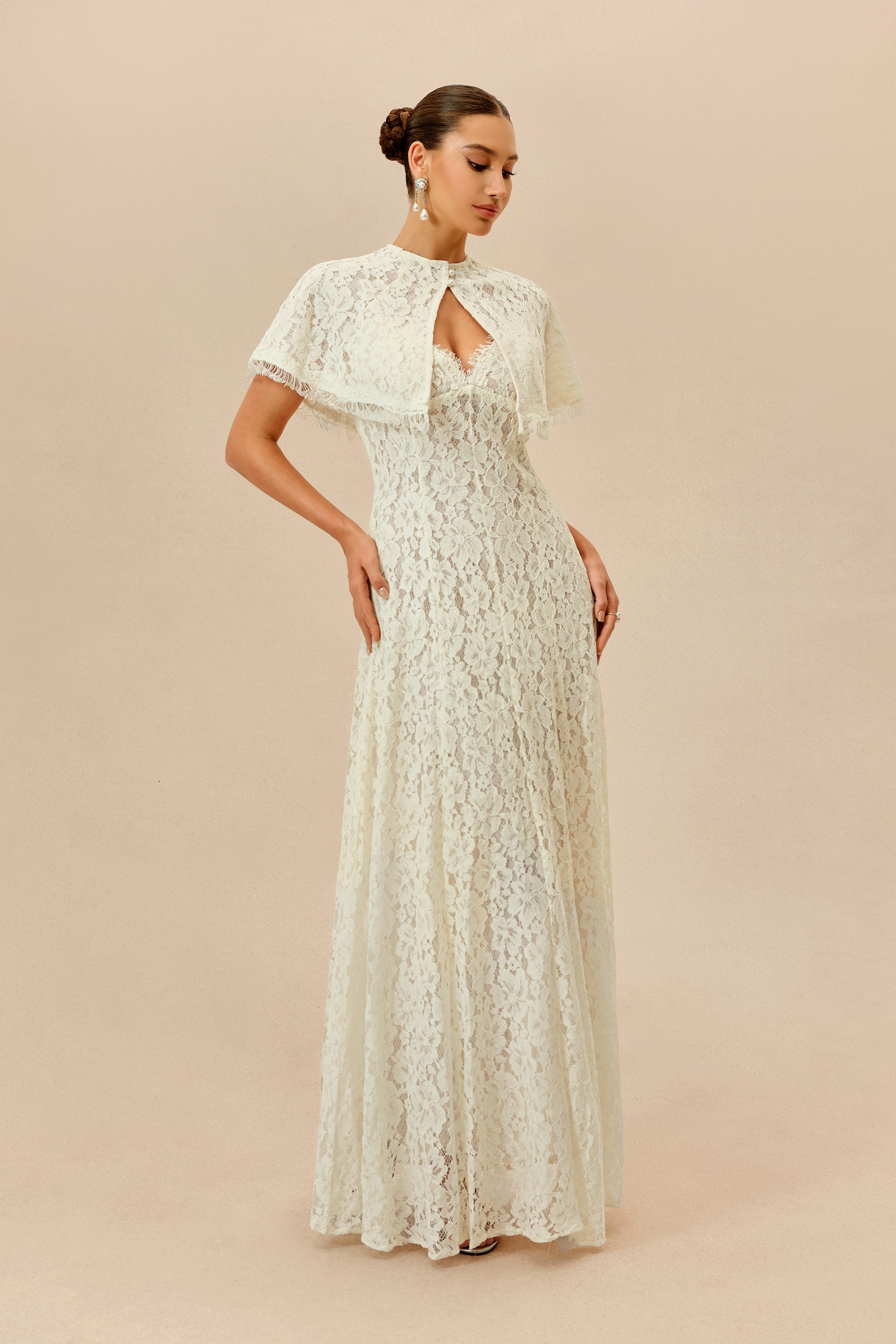 Make An Entrance White Floral Lace Maxi Dress With Cape