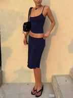 Women's Casual Fitted Solid Color Camisole And Skirt Basic Street Style Vacation Everyday 2-Piece Set Black Summer Elegant