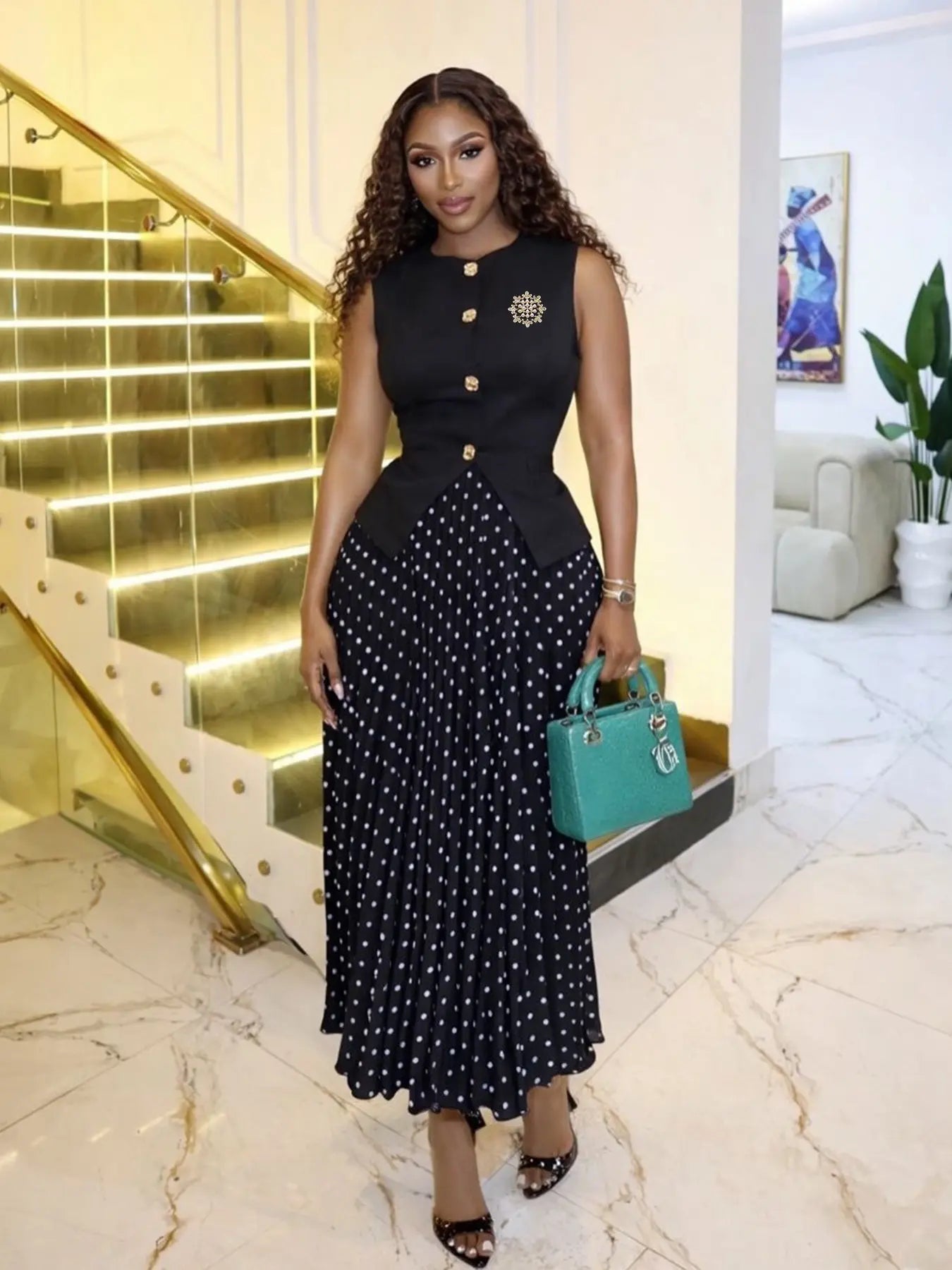 Summer New Women's Fashion Elegant Sleeveless Vest & Pleated Print Skirt Set, Half Skirt Set, Casual Versatile Button Design Unique Dress Set, Clothing Sets