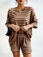 Women's Casual Loose Oversized Striped Set, Summer Short Sleeve Tee & Shorts, Airport Outfit, Home Wear, Sportswear, Fashionable Women's Clothing, Summer Lounge Sets
