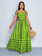 Women's Blue And White Stripe Flowing Maxi Dress,Summer Elegant Holiday Tea Party Holiday,Shoulder Straps Chest Gathering,Beach Casual Gown