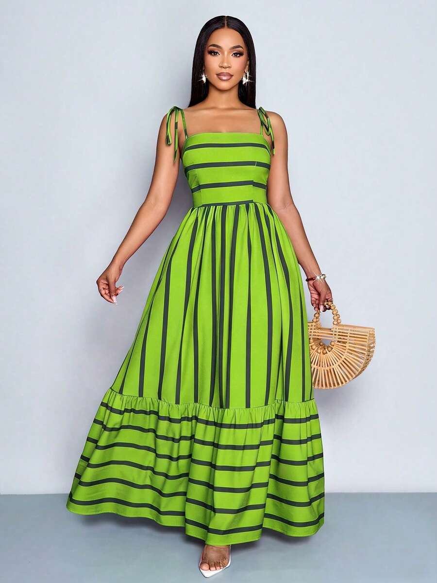 Women's Blue And White Stripe Flowing Maxi Dress,Summer Elegant Holiday Tea Party Holiday,Shoulder Straps Chest Gathering,Beach Casual Gown