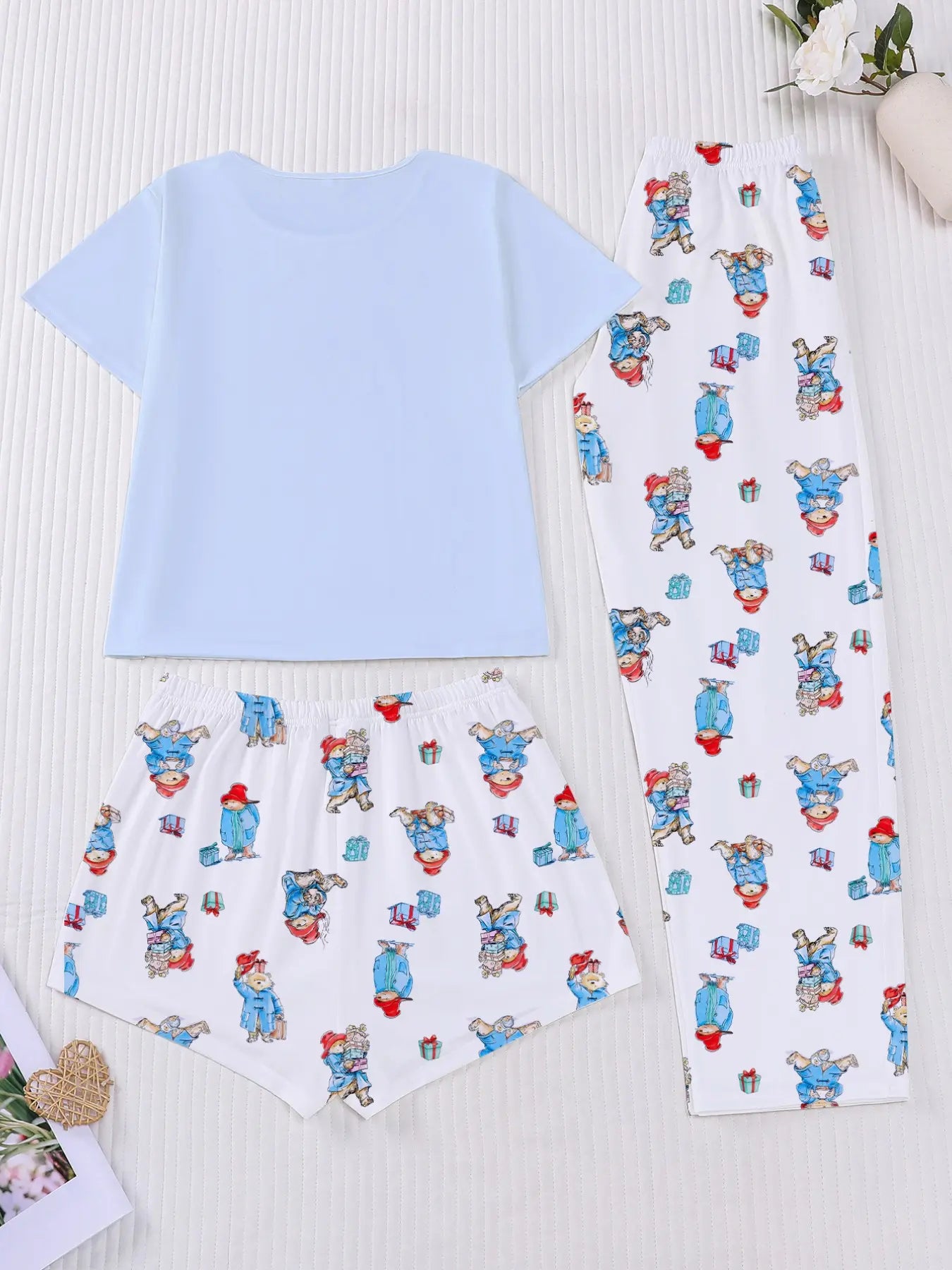 3-Piece Casual Women Pjs Pajama Set with Padding Bear Print