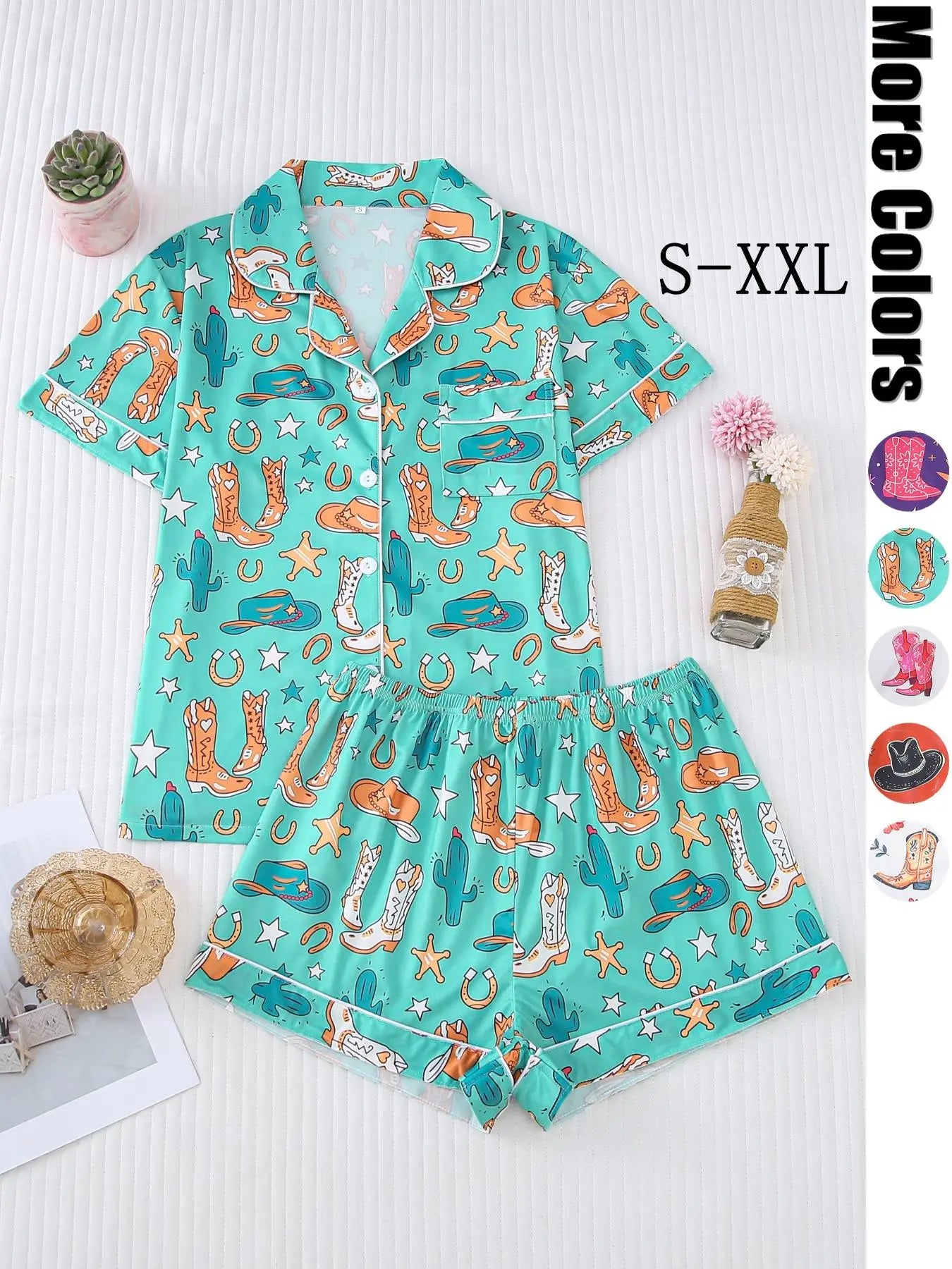 Women's All Over Cowboy Print Lapel Neck Button Front Pajama