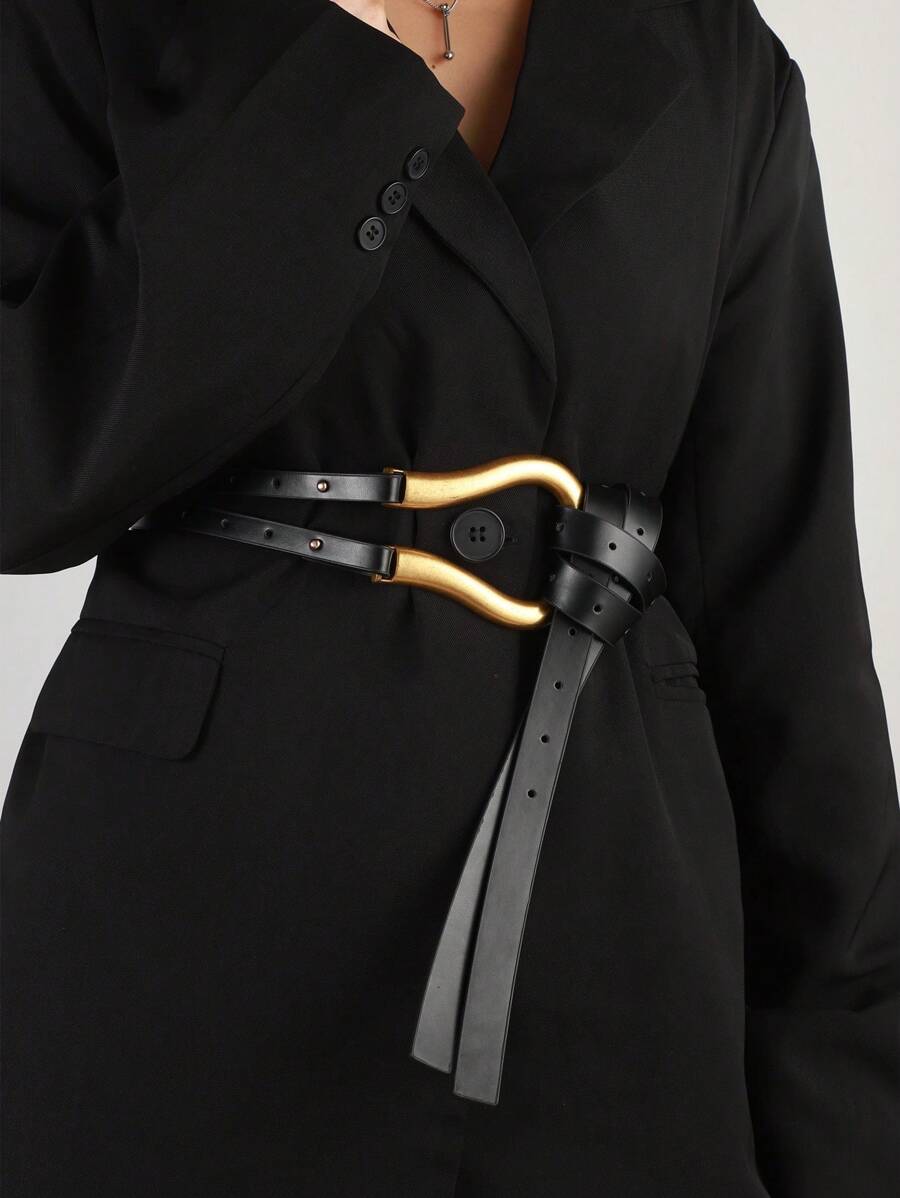 Women's Versatile Wide Waist Belt With Large Horseshoe Buckle Decor, Leather Belt For Skirts