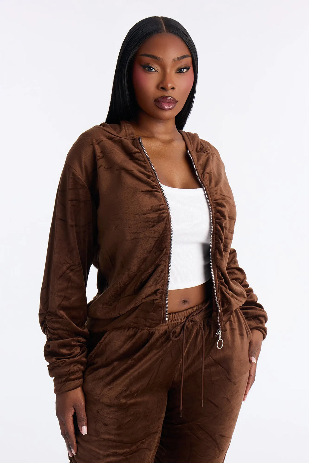 Soft Girl Energy Ruched Velour Jogger Set - Black