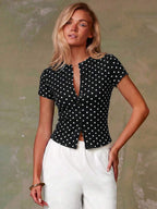 Women's Casual Red Single-Breasted Short Sleeve Fitted Top,Red Top,Christmas, Cute Vacation,Resort Wear,Summer Holiday,Spring,Spring Break,Beach