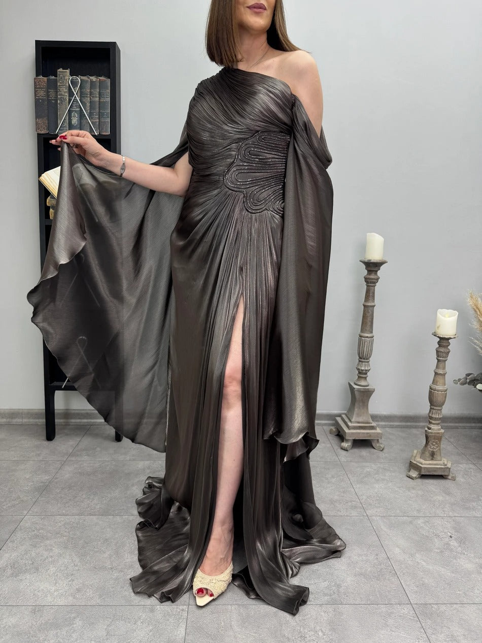 Metallic One-Shoulder Cape Maxi Dress