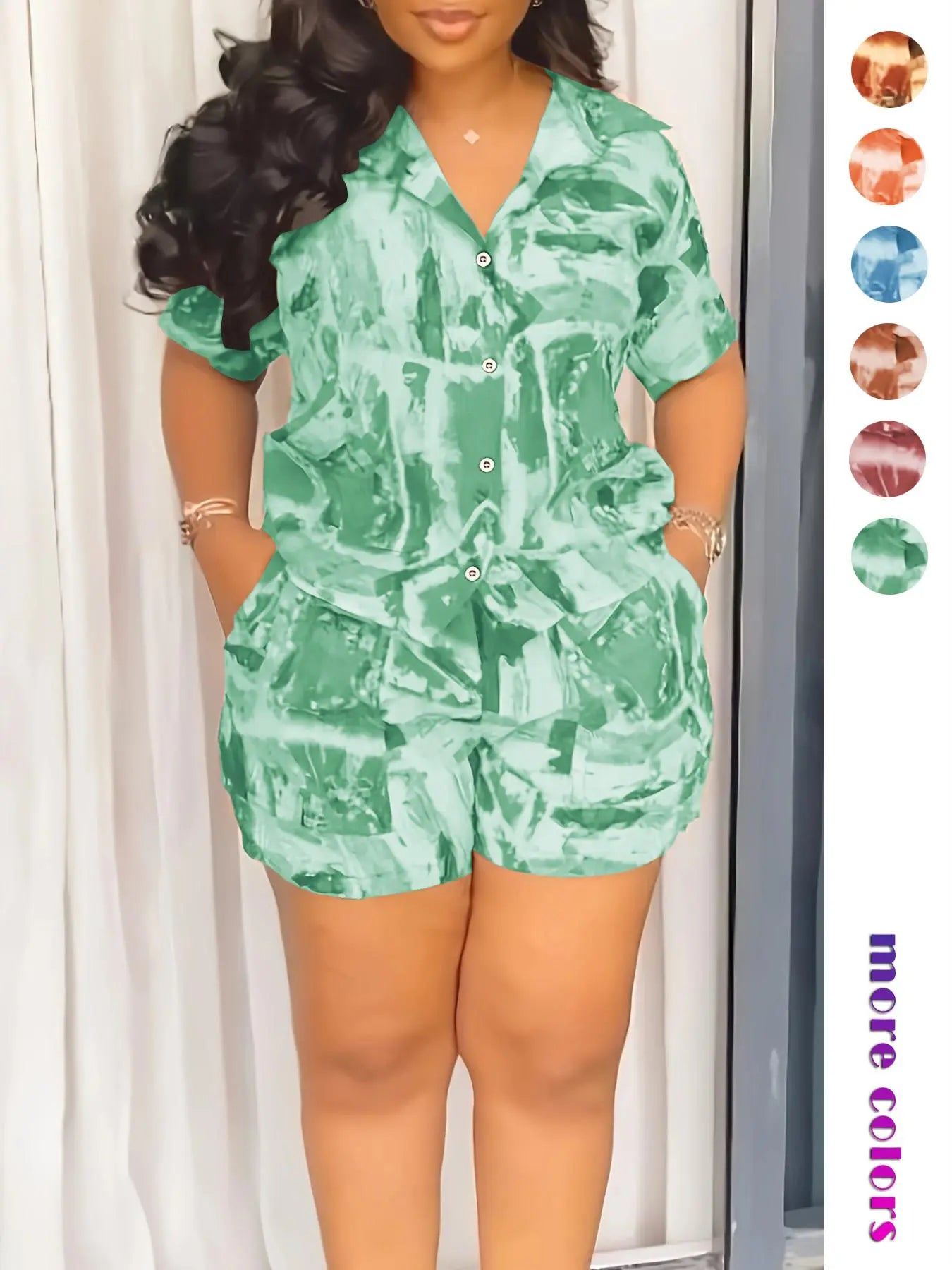 Two-piece Set Women's All Over Print Short Sleeve Shirt & Shorts
