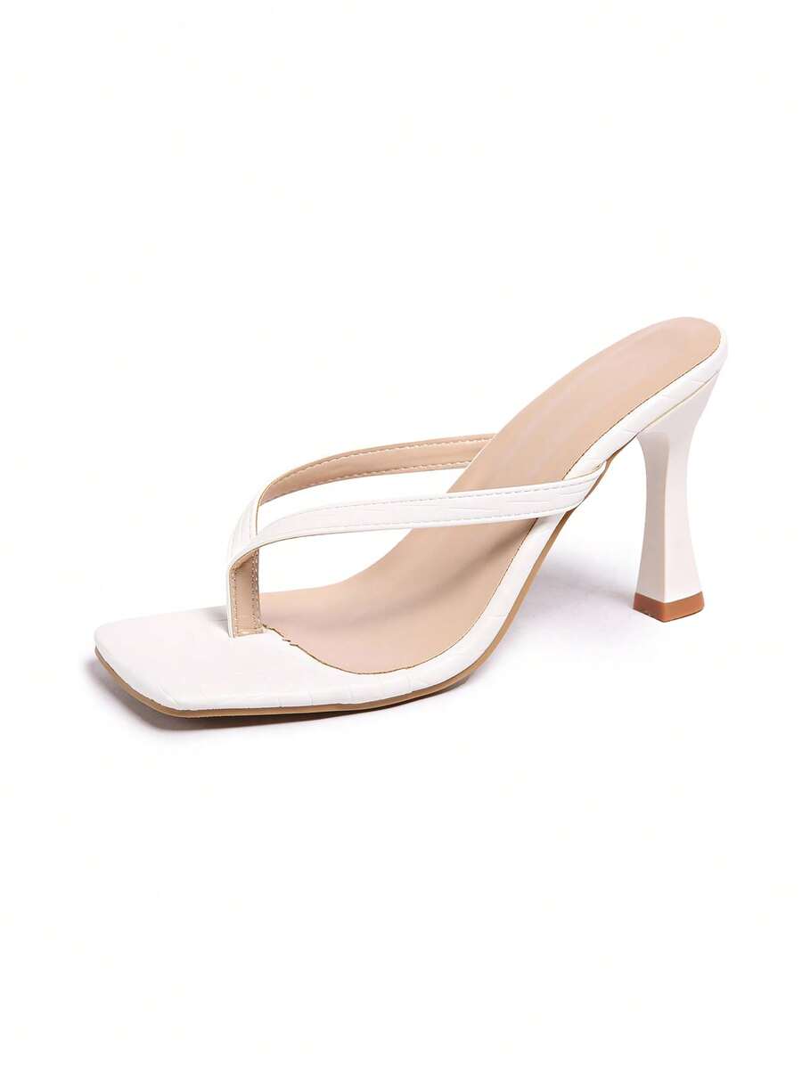 Square Toe Wide Foot Thong Sandals With Thin Heel, Versatile Outdoor Wear Thin Heel Thong Flip Flops For Women, Chic & Elegant