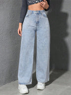 Spring Summer High Waist Elastic Women's Jeans, Washed Blue Casual Wide Leg Pants, Fitted H-Type Denim for Daily Commute and Vacation