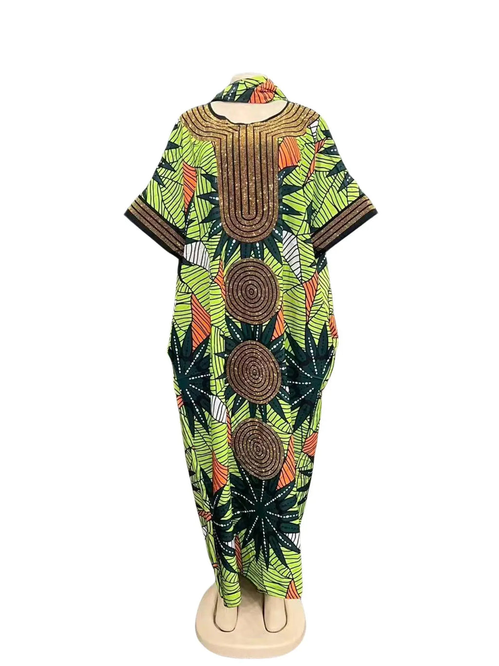 New high-end party rhinestone loose large-size casual traditional ethnic boubou kaftan women's dress Style, elegant and classy, plus-size party, holiday, daily wear, women's beach vacation summer dress with scarf and pockets 2026 Print