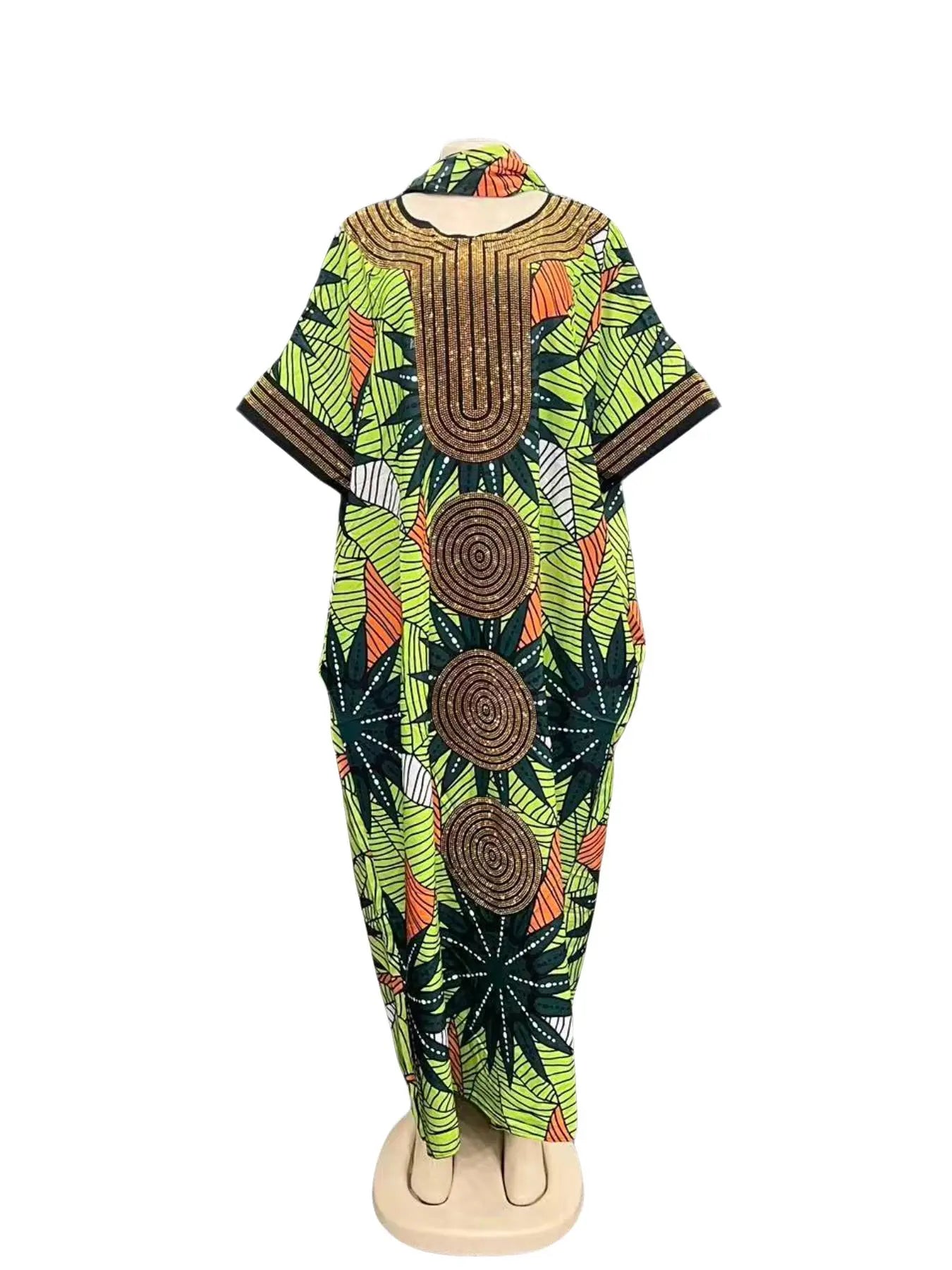 New high-end party rhinestone loose large-size casual traditional ethnic boubou kaftan women's dress Style, elegant and classy, plus-size party, holiday, daily wear, women's beach vacation summer dress with scarf and pockets 2026 Print