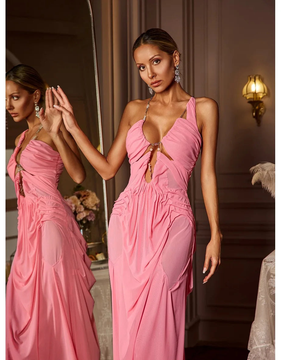 Daiki Halterneck Ruched Maxi Dress In Champagne