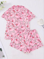 Women's Duck Print Shirt & Elastic Waist Shorts Pajama Two-piece Set
