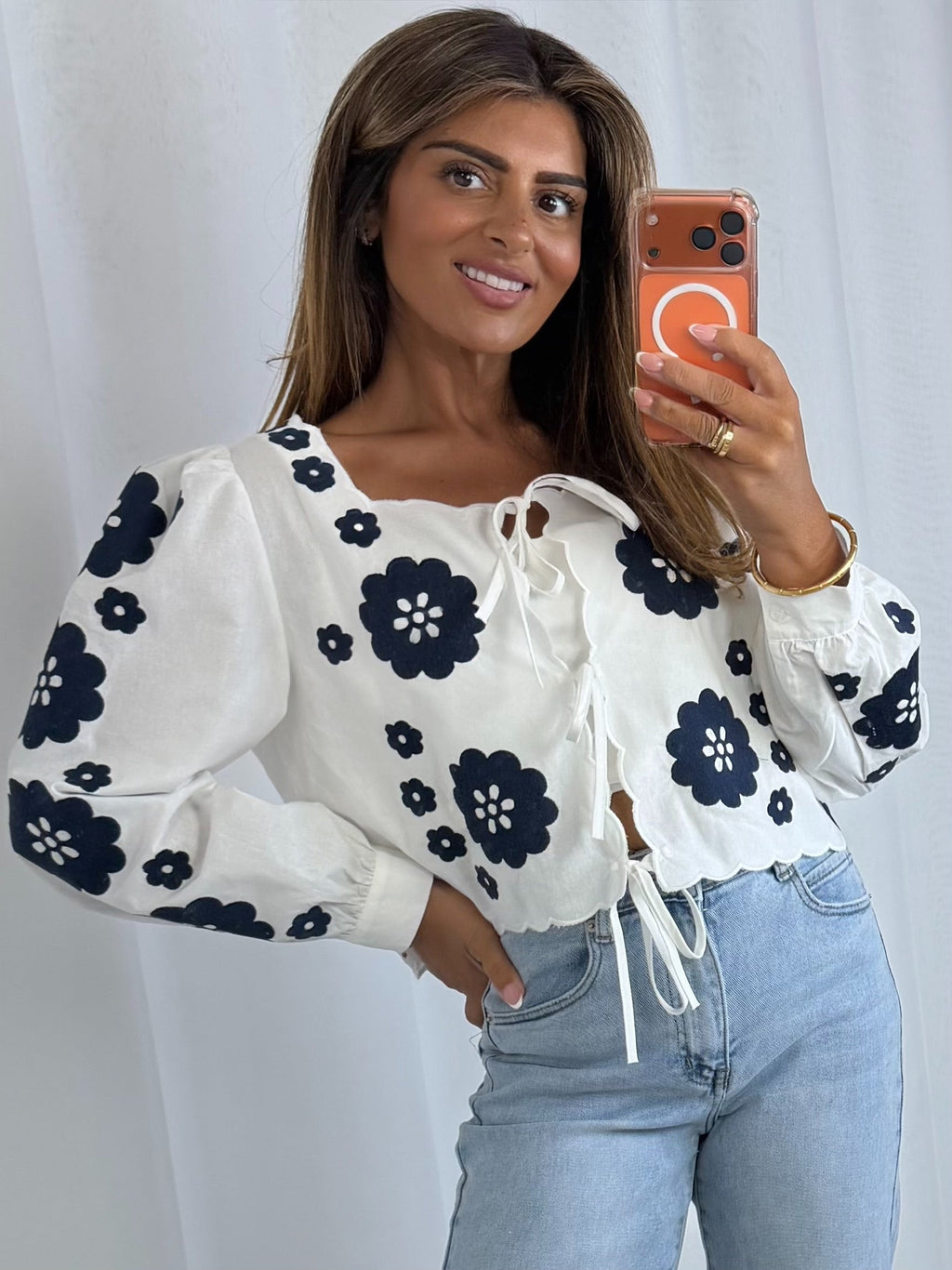 Embroidered Flower Tie Up Top