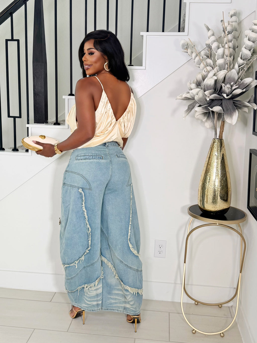 KEISHA DISTRESSED WIDE-LEG DENIM PANTS
