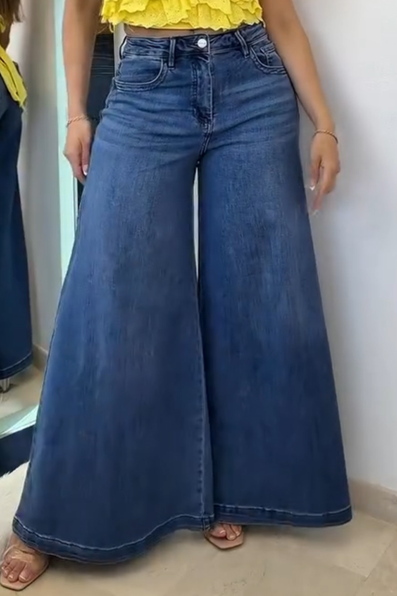 Women Casual Hanging Neck Patchwork Ruffle Edge Short Top or Wide Leg Jeans