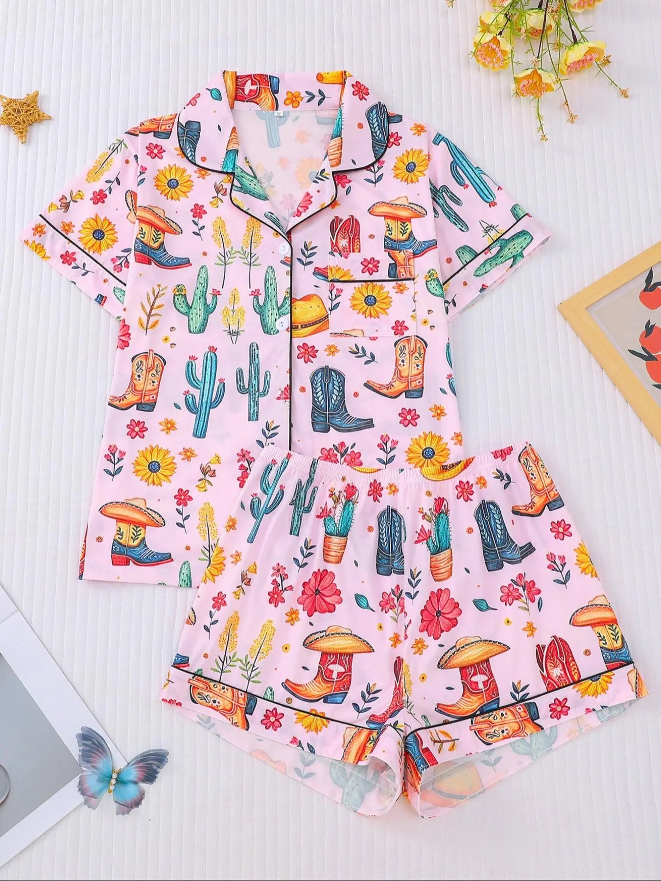 Women's All Over Cowboy Print Lapel Neck Button Front Pajama