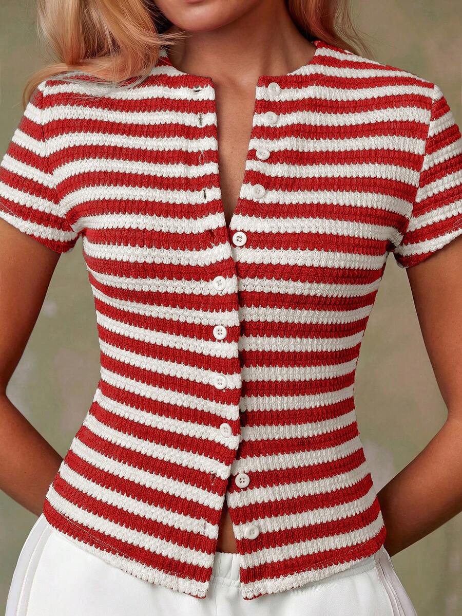 Women's Casual Red Single-Breasted Short Sleeve Fitted Top,Red Top,Christmas, Cute Vacation,Resort Wear,Summer Holiday,Spring,Spring Break,Beach