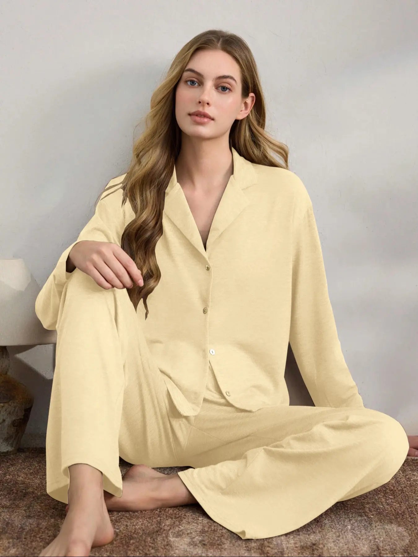 Women's Casual Fall Winter Pajama Set, Soft Skin-Friendly Fabric, Long Sleeve Collared Lapel Design, Indoor Outdoor Wear, Two-Piece Sleepwear, Loungewear, Pjs, Homewear, Loungewear Pajamas Set