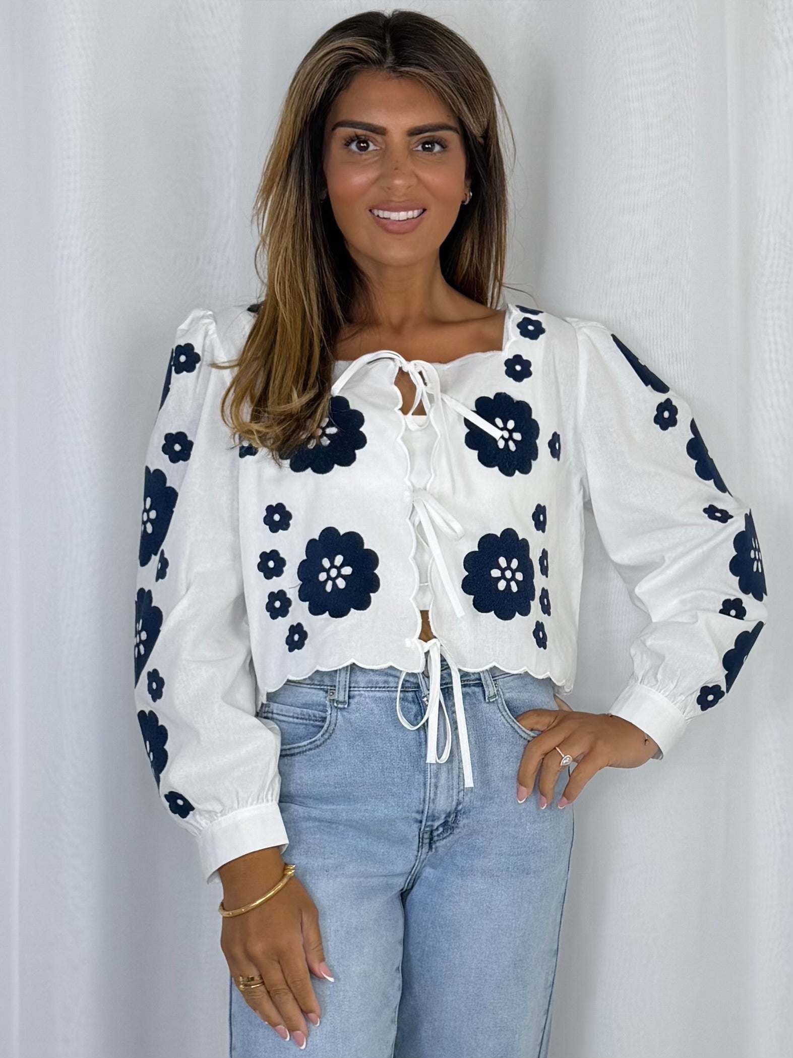 Embroidered Flower Tie Up Top