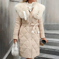 Women's Long Quilted Coat with Fur Collar