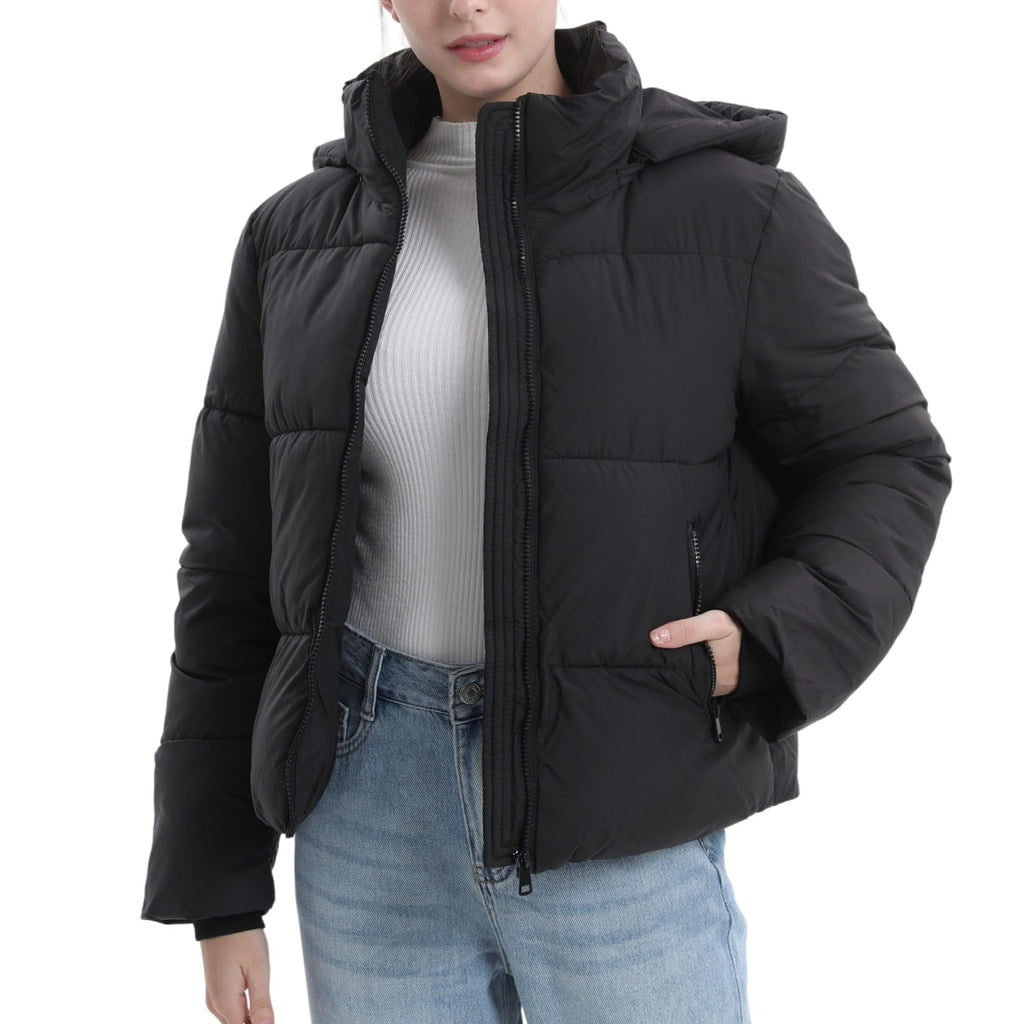 Warm Core Premium Short Puffer Jackets with Removable Hood & Optional Faux Fur Linging, Lady Casual Outerwear Longsleeves Zip Pockets Warm Quilted Coat