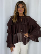 Keyhole Pearl Button Frill Layered Blouse (2 Colours)