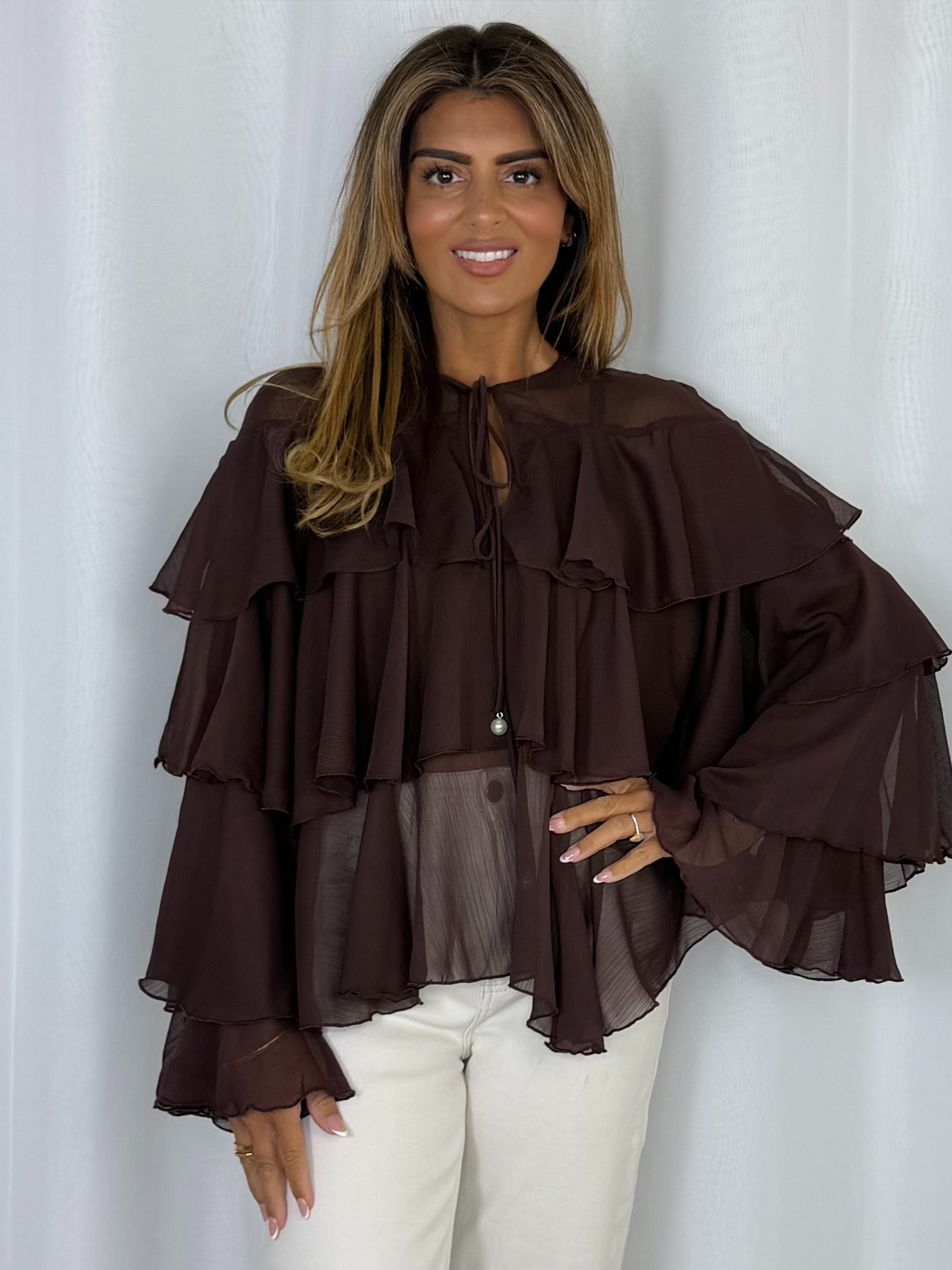 Keyhole Pearl Button Frill Layered Blouse (2 Colours)