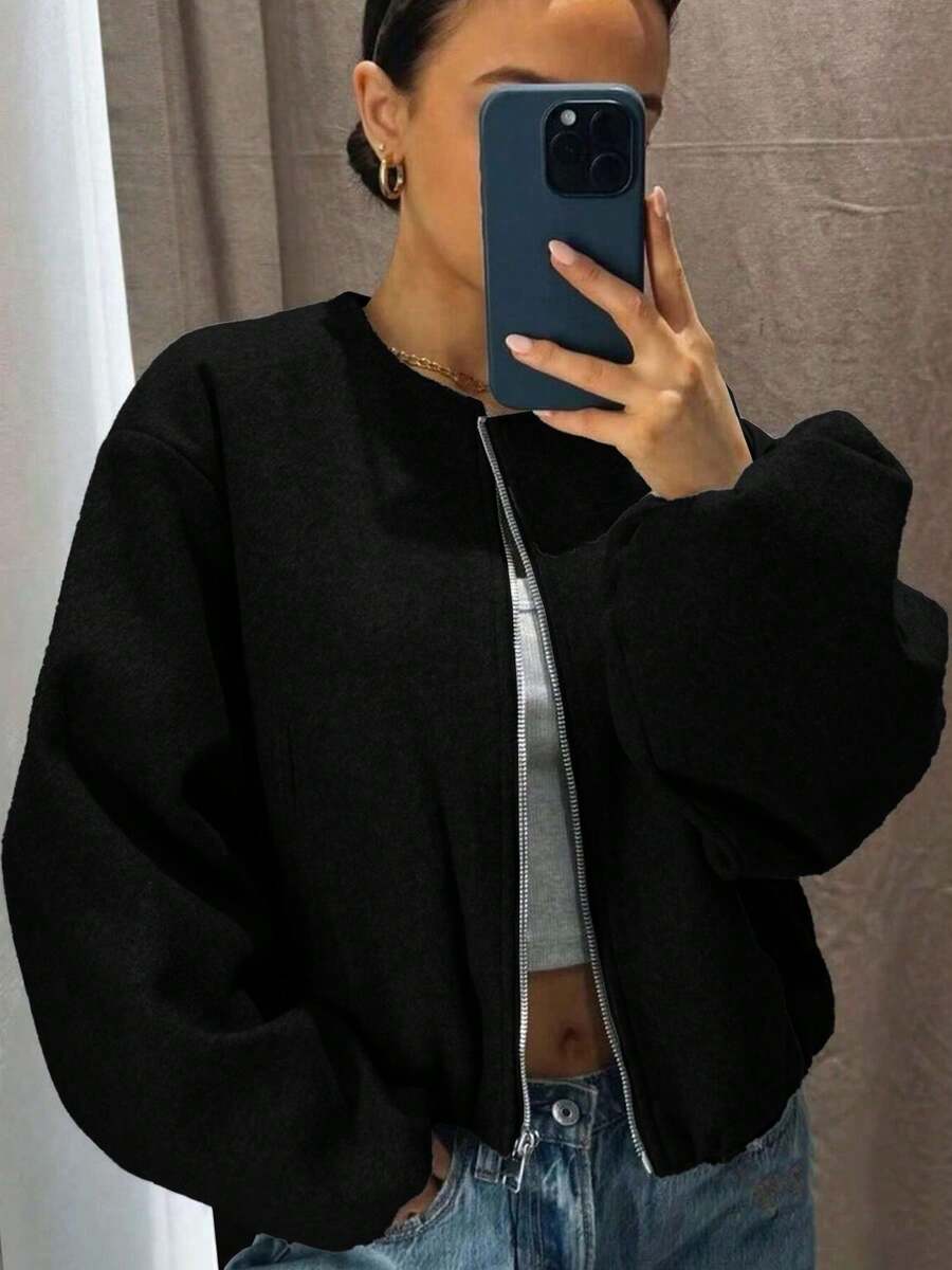 Women's Baseball Jacket Bomber Jacket Street Style Round Neck Drop Shoulder Lantern Sleeve Zip-Up Outerwear, Autumn/Winter Spring