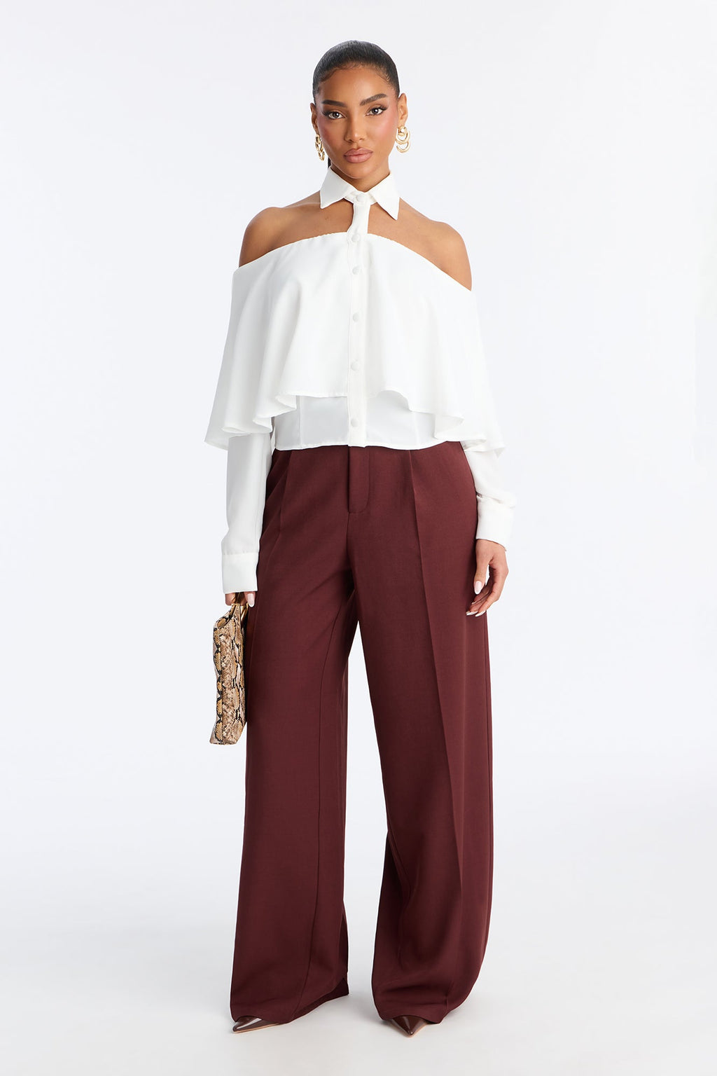 Destiny Off Shoulder Collar Shirt - Brown