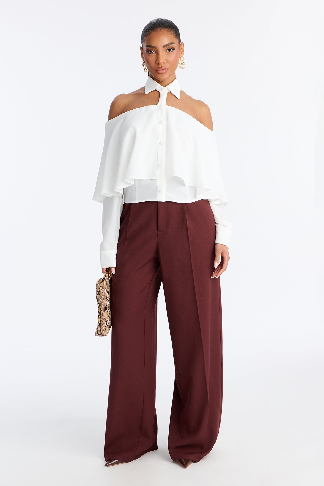 Destiny Off Shoulder Collar Shirt - Brown