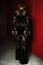 Mock Neck Mesh Long Sleeve Slim Fit Bootcut Party Jumpsuit-Black