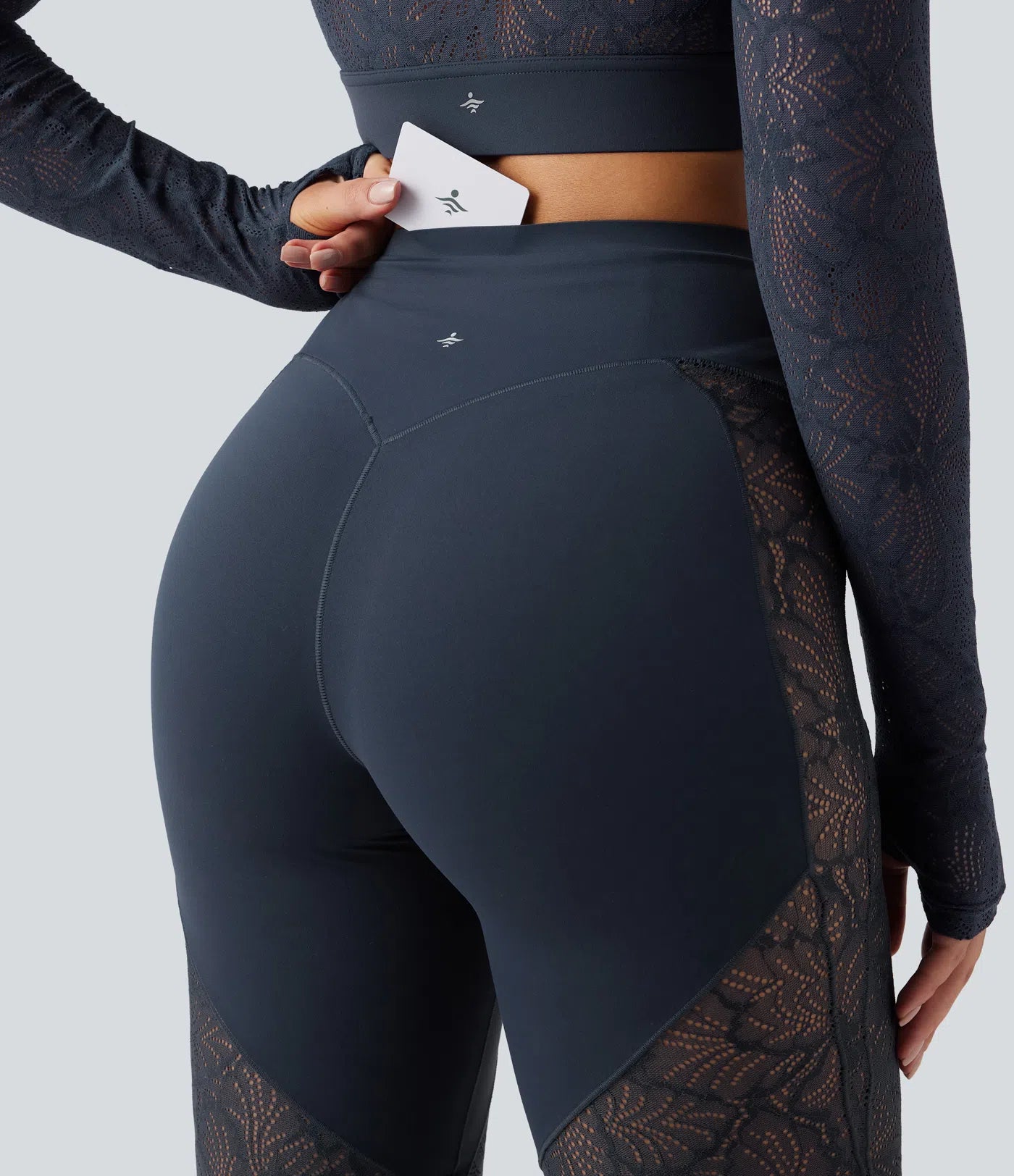 UltraSculptTM High Waisted Tummy Control Contrast Lace Yoga Flare Leggings with Pocket
