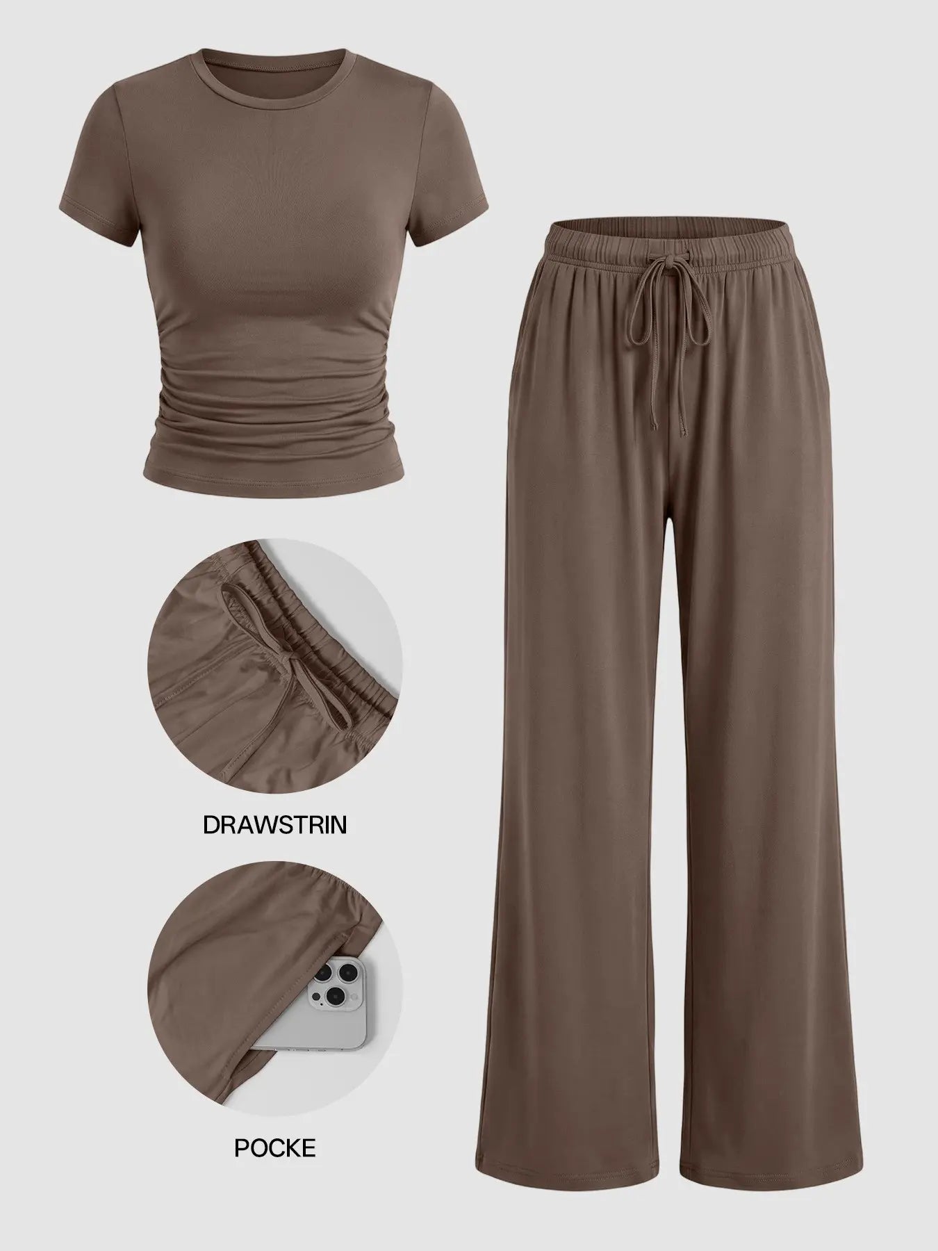 Ladies Autumn Casual Home Lounge Set, High Stretch Soft Fabric, Crew Neck, Wide Leg Tracksuit Pants, 2-Piece, Comfortable & Flattering