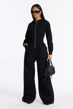 For The Hustle Hooded Utility Denim Jumpsuit - Black