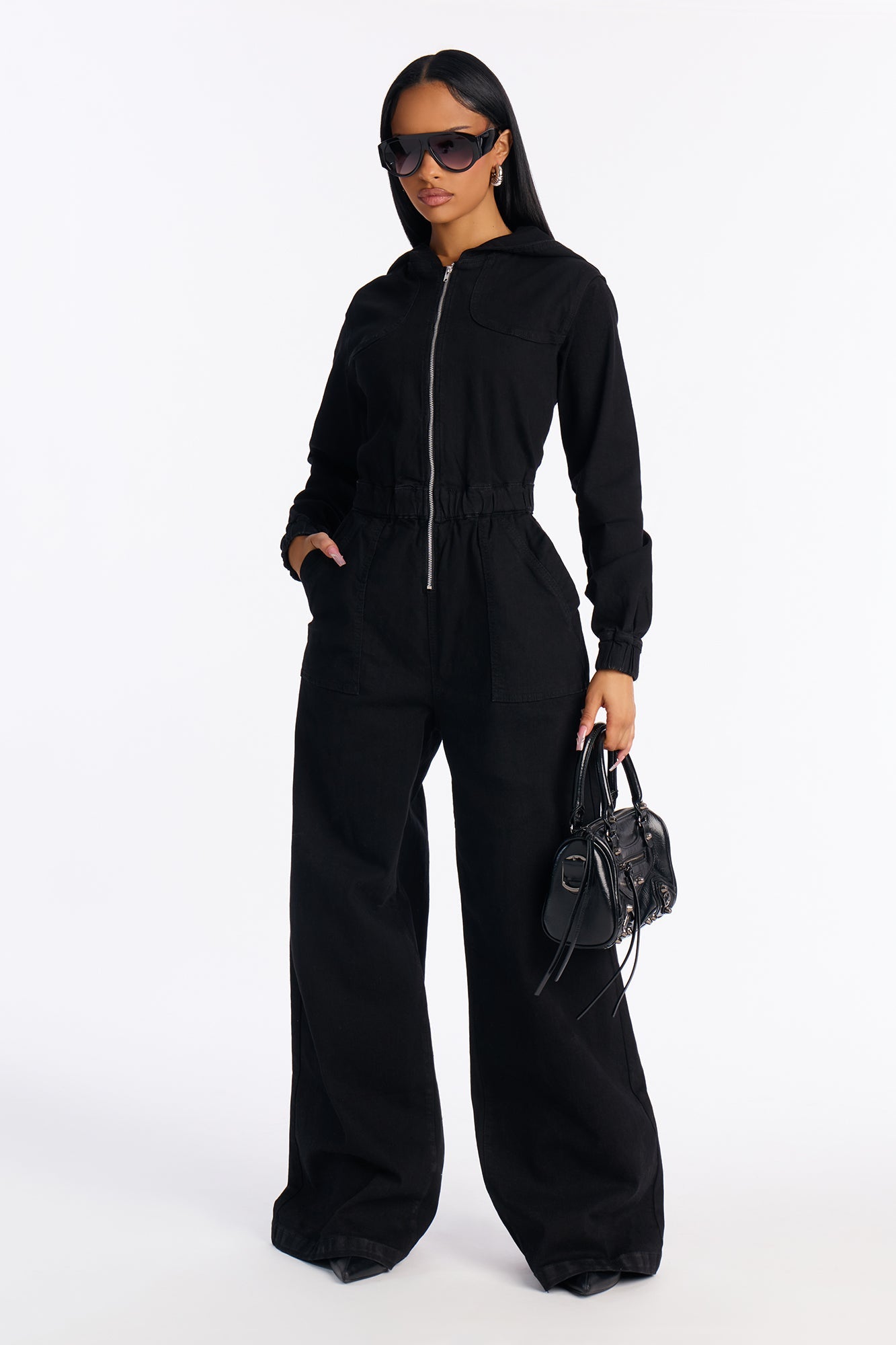 For The Hustle Hooded Utility Denim Jumpsuit - Black