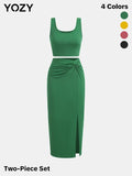 YOZY Solid Ribbed Crop Tank Top & Twist Split Skirt Set, Elegant Square Neck Sleeveless Top & High Waist Bodycon Skirt, 2024 Women's Summer Outfits for Party, Holiday, Vacation