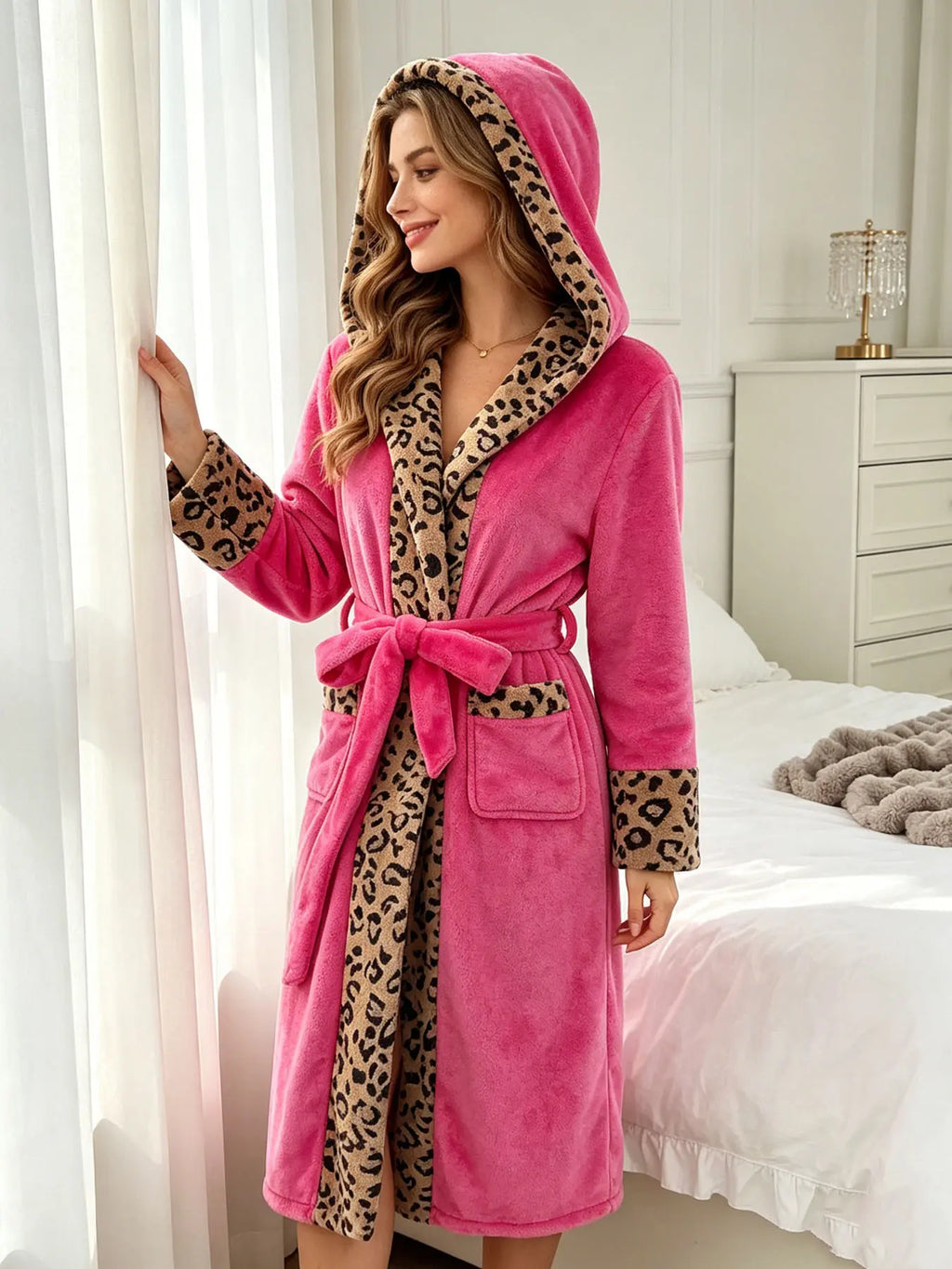 Women's Thick Coral Fleece Long Sleeve Nightgown, Rose Gold Leopard Print, Hooded Lapel Tie Waist, Long Warm Home Loungewear Robe with Pockets