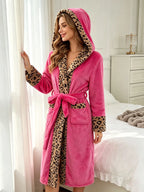 Women's Thick Coral Fleece Long Sleeve Nightgown, Rose Gold Leopard Print, Hooded Lapel Tie Waist, Long Warm Home Loungewear Robe with Pockets