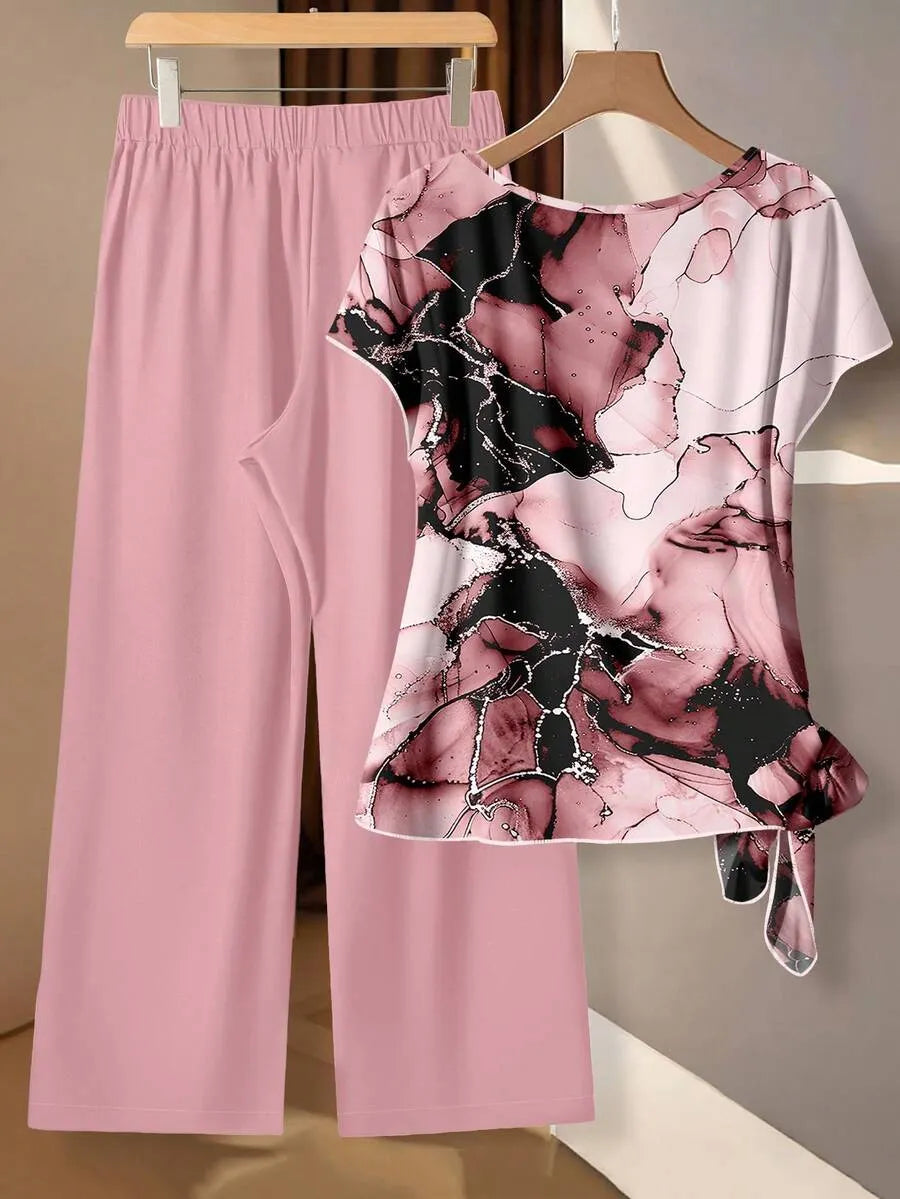 Women's Aqua Blue Summer Casual Vacation Holiday 2 Pieces Set,Abstract Floral Pattern Shirt With Tie Bow & Loose Straight Leg Pants,Vintage Style